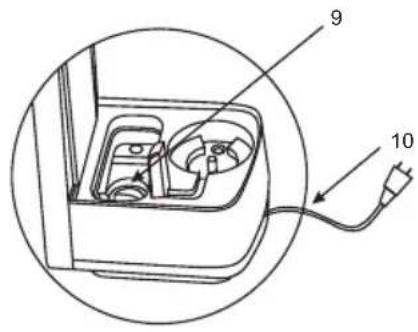 Technical diagram of a device with labeled parts 9 and 10, showing internal components and wiring.