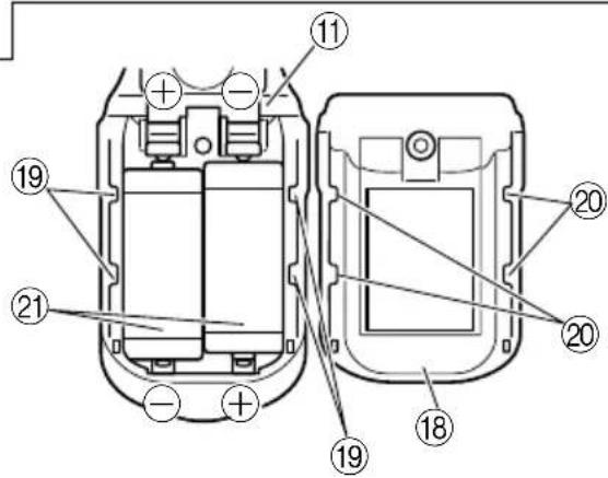 Technical diagram of a battery pack with numbered components and polarity indicators