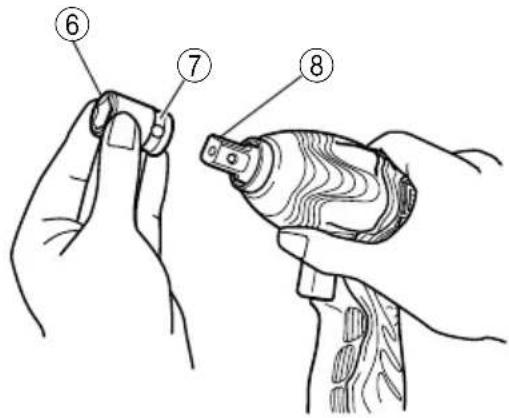 Diagram showing hands holding a tool with numbered parts labeled 6, 7, and 8