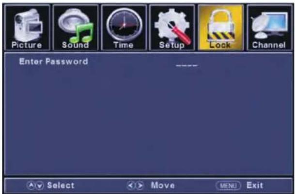 Picture Sound Time Setup Lock Channel Enter Password Select Move MENU Exit
