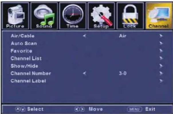 Picture Sound Time Setup Lock Channel Air/Cable Air Auto Scan Favorite Channel List Show/Hide Channel Number 3-0 Channel Label Select Move MENU Exit