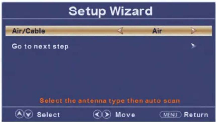 Setup Wizard Air/Cable Air Go to next step Select the antenna type then auto scan Select Move MENU Return