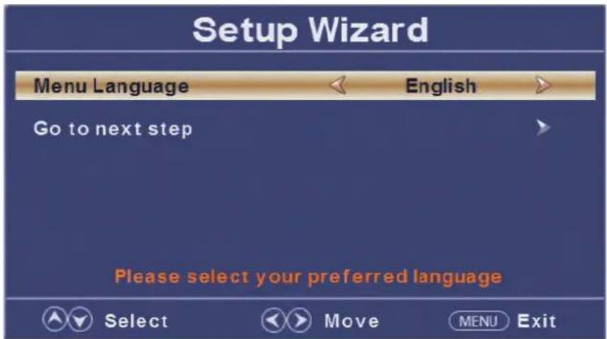 Setup Wizard Menu Language ← English → Go to next step Please select your preferred language Select Move MENU Exit