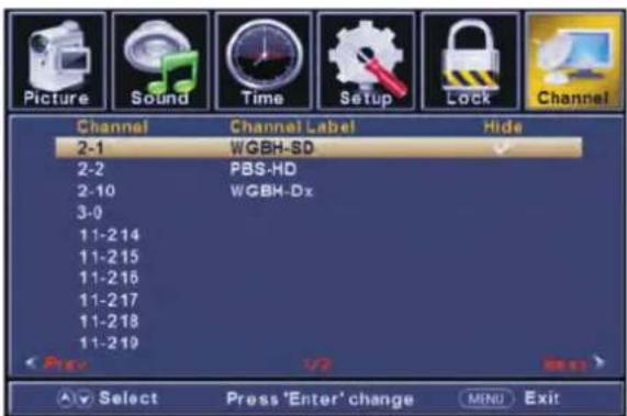 Picture Sound Time Setup Lock Channel Channel Channel Label Hide 2-1 WGBH-SD 2-2 PBS-HD 2-10 WGBH-Dx 3-0 11-214 11-215 11-216 11-217 11-218 11-219 < Prev U2 Select Press 'Enter' change MENU Exit