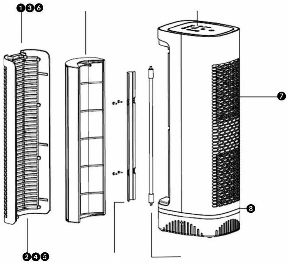 Technical diagram of a heat exchanger with labeled components including cooling fins, heat exchangers, and a cylindrical housing.
