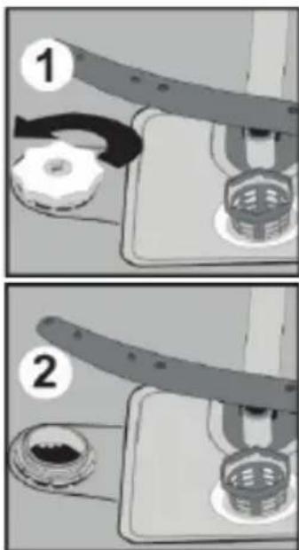 Diagram showing two steps of a mechanical assembly or tool, labeled 1 and 2, with numbered components and directional arrows.