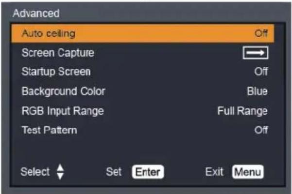 Advanced Auto ceiling Off Screen Capture Startup Screen Off Background Color Blue RGB Input Range Full Range Test Pattern Off Select Set Enter Exit Menu
