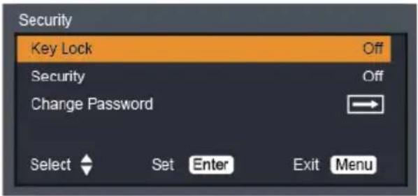 Security Key Lock Off Security Off Change Password Select Set Enter Exit Menu