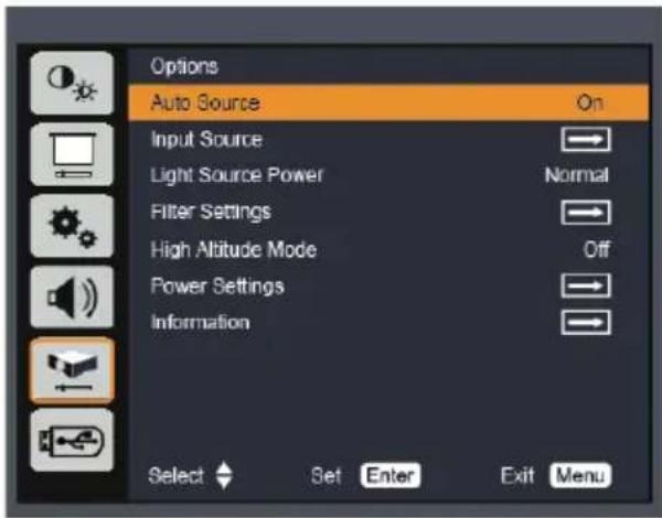 Options Auto Source On Input Source Light Source Power Normal Filter Settings High Altitude Mode Off Power Settings Information Select Set Enter Exit Menu