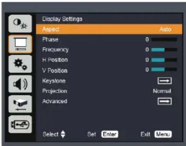 Display Settings Aspect Auto Phase 0 Frequency 0 H Position 0 V Position 0 Keystone Projection Normal Advanced Select Set Enter Exit Menu