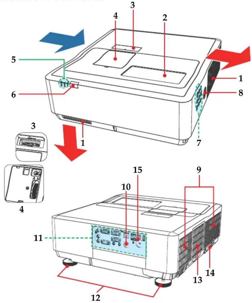 Diagram of an electronic device with numbered components and directional arrows indicating process flow or assembly.