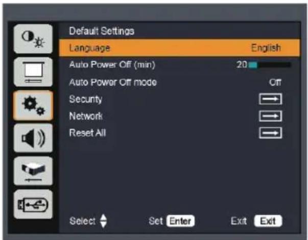 Default Settings Language English Auto Power Off (min) 20 Auto Power Off mode Off Security Network Reset All Select Set Enter Exit Exit
