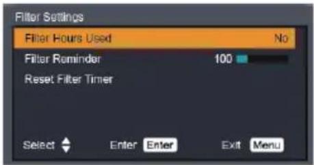 Filter Settings Filter Hours Used No Filter Reminder 100 Reset Filter Timer Select Enter Enter Exit Menu
