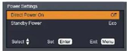 Power Settings Direct Power On Off Standby Power Eco Select Set Enter Exit Menu