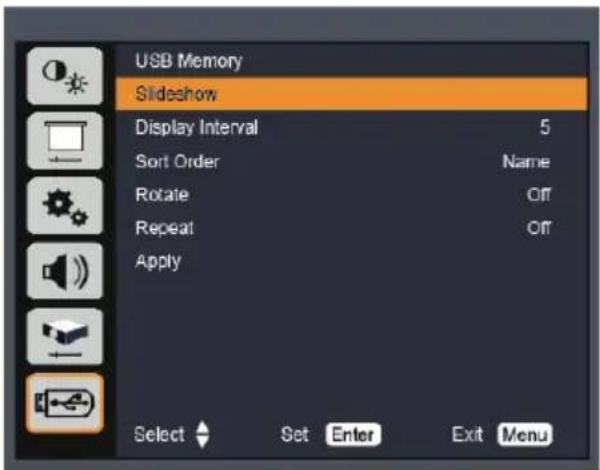 USB Memory Slideshow Display Interval 5 Sort Order Name Rotate Off Repeat Off Apply Select Set Enter Exit Menu