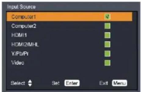 Input Source Computer1 Computer2 HDM1 HDM12/MHL Y/Pb/Pr Video Select Set Enter Exit Menu