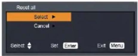 Reset all Select ▶ Cancel ▶ Select ▼ Set Enter Exit Menu
