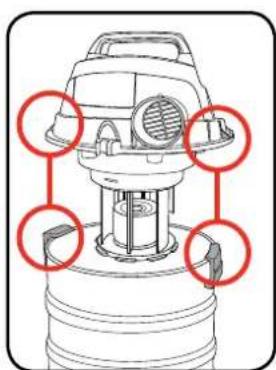 Technical diagram of a mechanical device with red circles highlighting specific components, likely for assembly or maintenance instructions.