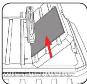 Technical diagram showing a mechanical assembly with a red arrow indicating direction or force, likely illustrating a motion or force application.