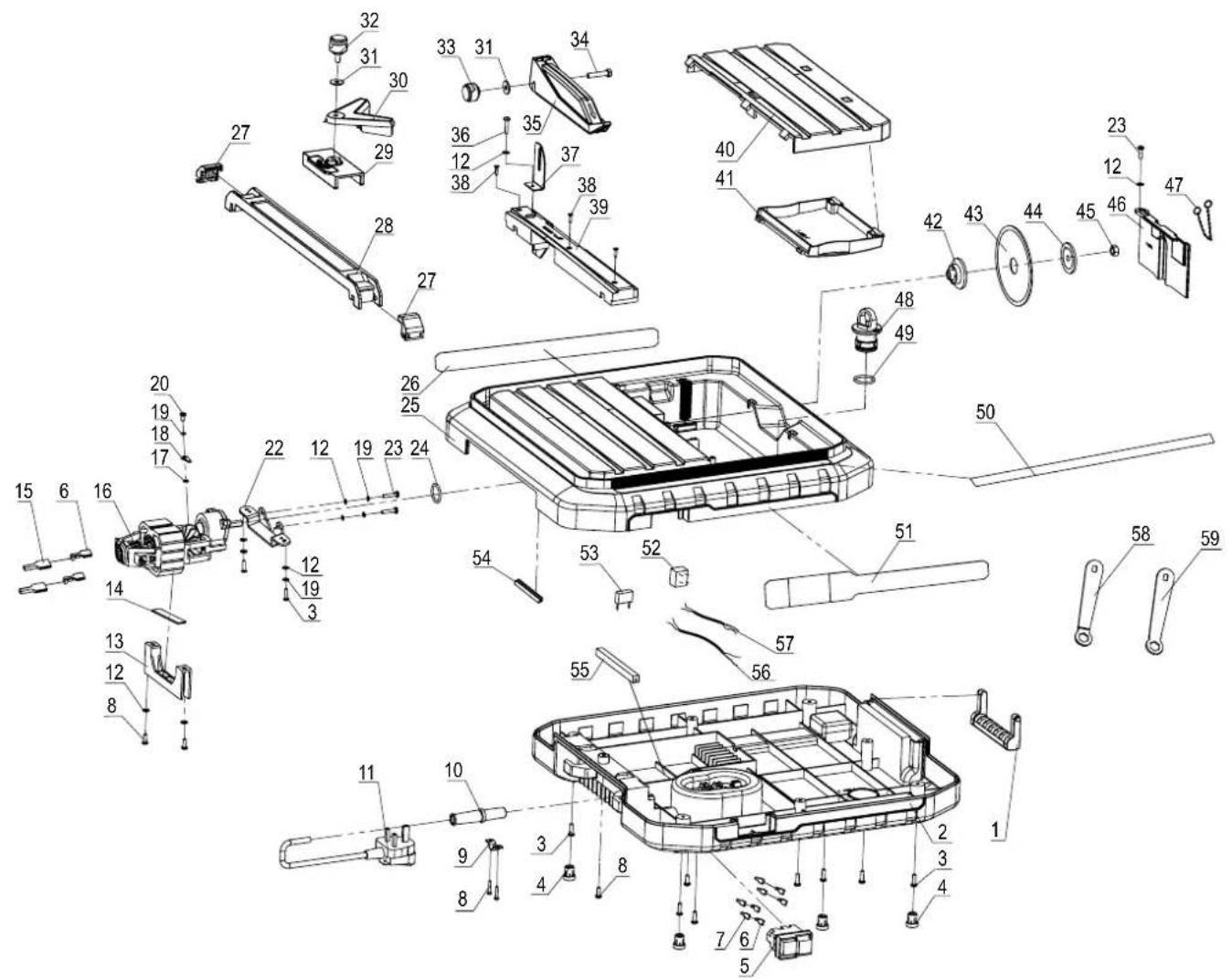 Exploded view diagram of a battery pack assembly with numbered components for identification