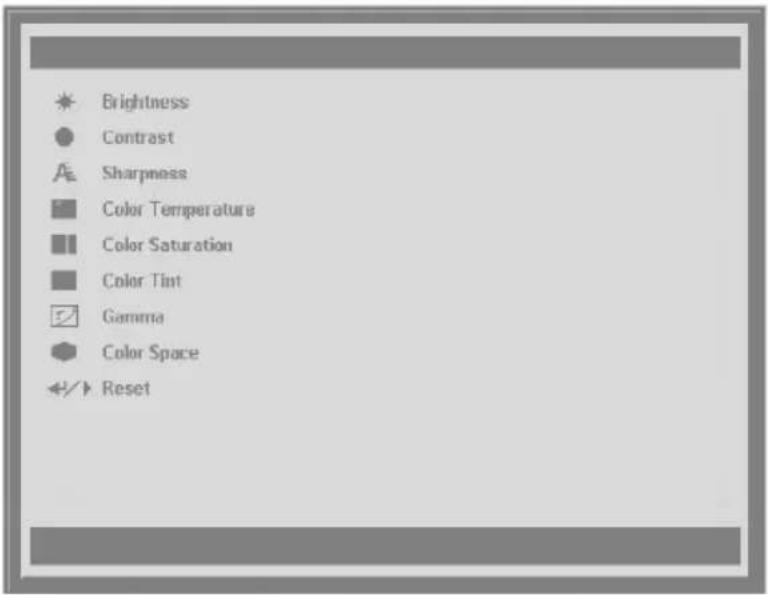 Brightness Contrast Sharpness Color Temperature Color Saturation Color Tint Gamma Color Space Reset