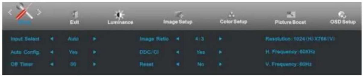 Exit Luminance Image Setup Color Setup Picture Boost OSD Setup Input Select Auto Image Ratio 4:3 Resolution: 1024 (H) X766 (V) Auto Config. Yes DDC/CI Yes H. Frequency: 60KHz Off Timer 00 Reset No V. Frequency: 60Hz
