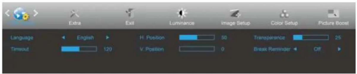 Extra Exit Luminance Image Setup Color Setup Picture Boost Language English H Position 50 Transpersion 25 Timeout 120 V Position 0 Break Reminder Off