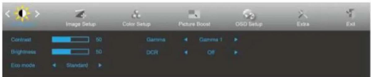 Image Setup Color Setup Picture Boost OSD Setup Extra Exit Contrast 50 Gamma Gamma 1 Brightness 50 DCR Off Eco mode Standard
