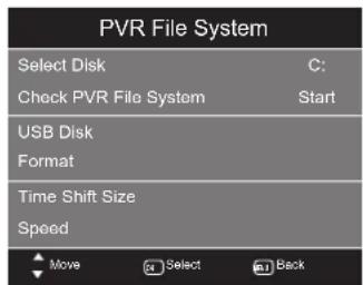 PVR File System Select Disk C: Check PVR File System Start USB Disk Format Time Shift Size Speed Move Select Back