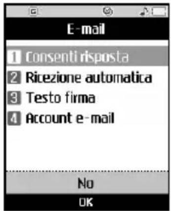 E-mail 1 Consenti risposta 2 Ricezione automatica 3 Testo firma 4 Account e-mail No OK