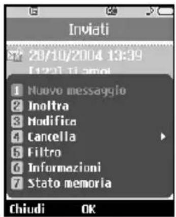 Inviati 28/10/2004 13:39 [12] Ti amoi 1 Nuovo messaggio 2 Inoltra 3 Modifica 4 Cancella 5 Filtro 6 Informazioni 7 Stato memoria Chiudi OK