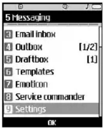 5 Messaging 3 Email inbox 4 Outbox [1/2] 5 Draftbox [1] 6 Templates 7 Emoticon 8 Service commander 9 Settings OK