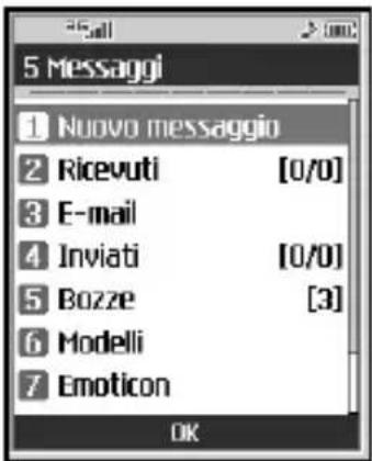 5 Messaggi 1 Nuovo messaggio 2 Ricevuti [0/0] 3 E-mail 4 Inviati [0/0] 5 Bozze [3] 6 Modelli 7 Emoticon OK