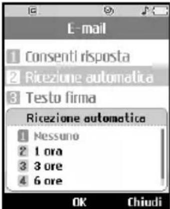 E-mail 1 Consent/risposta 2 Ricezione automatica 3 Testo firma Ricezione automatica 1 Nessuno 2 1 ora 3 3 ore 4 6 ore OK Chiudi
