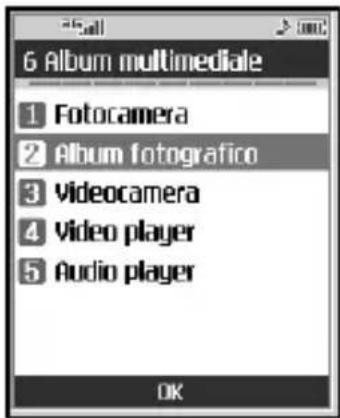 6 Album multimediale 1 Fotocamera 2 Album fotografico 3 Videocamera 4 Video player 5 Audio player OK