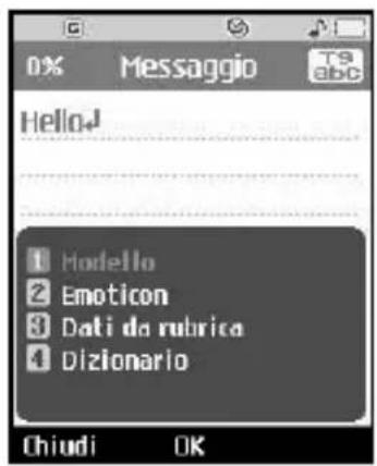0% Messaggio Hello! 1 Modello 2 Emoticon 3 Dati da rubrica 4 Dizionario Chiudi OK