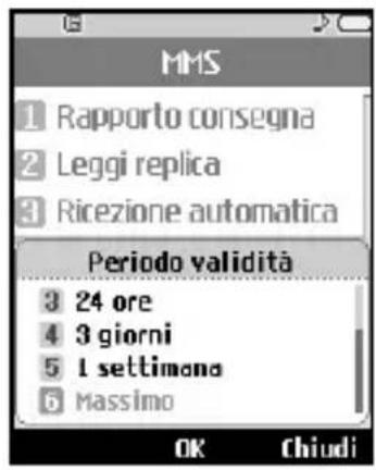 MMS 1 Rapporto consegna 2 Leggi replica 3 Ricezione automatica Periodo validità 3 24 ore 4 3 giorni 5 1 settimona 6 Massimo OK Chiudi
