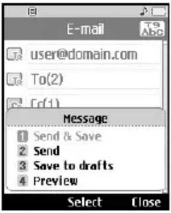 E-mail user@domain.com To(2) [cf1] Message 1 Send & Save 2 Send 3 Save to drafts 4 Preview Select Close