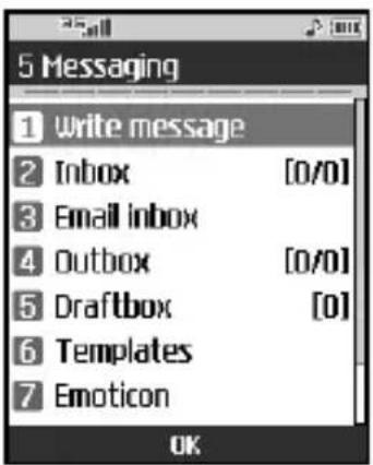 5 Messaging 1 Write message 2 Inbox [0/0] 3 Email inbox 4 Outbox [0/0] 5 Draftbox [0] 6 Templates 7 Emoticon OK