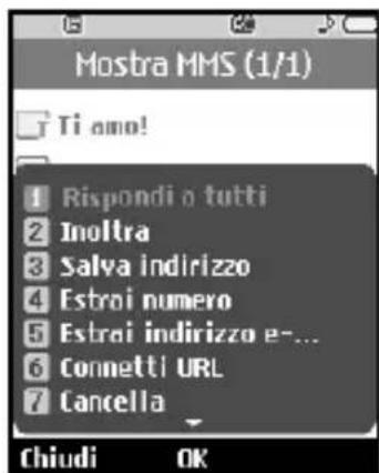 Mostra MMS (1/1) Ti amo! 1 Rispondi o tutti 2 Inoltra 3 Salva indirizzo 4 Estroi numero 5 Estrai indirizzo e... 6 Connetti URL 7 Cancella Chiudi OK