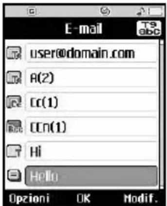 E-mail user@domain.com A(2) Cc(1) Cc(n(1)) Hi Hello Opzioni OK Modif.