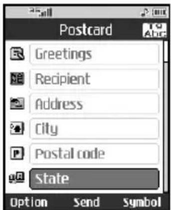 Postcard Greetings Recipient Address City Postal code State Option Send Symbol