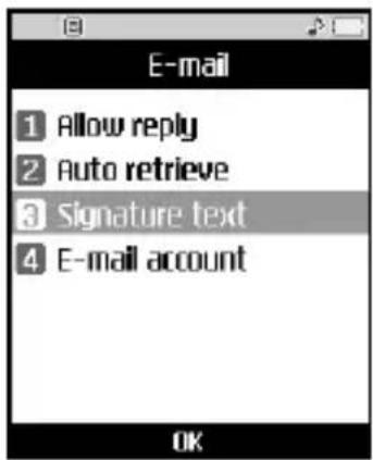 E-mail 1 Allow reply 2 Auto retrieve 3 Signature text 4 E-mail account OK