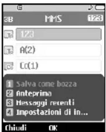 3B MMS 123 123 A(2) Cc(1) Salva come bozza Anteprima Messaggi recenti Impostazioni di in... Chiudi OK