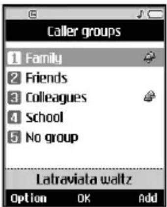 Caller groups 1 Family 2 Friends 3 Colleagues 4 School 5 No group Latraviata waltz Option OK Add