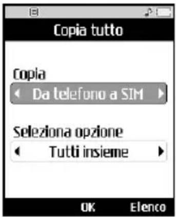 Copia tutto Copia Da telefono a SIM Seleziona opzione Tutti insieme OK Elenco