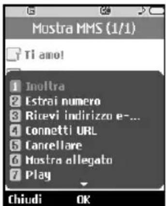 Mostra MMS (1/1) Ti amo! 1 Inolltra 2 Estrai numero 3 Ricevi indirizzo e... 4 Connetti URL 5 Cancellare 6 Mostra allegato 7 Play Chiudi OK