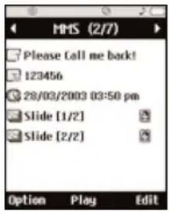 MMS (2/7) Please Call me back! 123456 28/03/2003 03:50 pm Slide [1/2] Slide [2/2] Option Play Edit