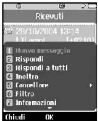 Ricevuti 28/10/2004 13:14 Li amol L+92107 1 Monvo messaggio 2 Rispondi 3 Rispondi a tutti 4 Inoltro 5 Cancellare 6 Filtro 7 Informazioni Chiudi OK