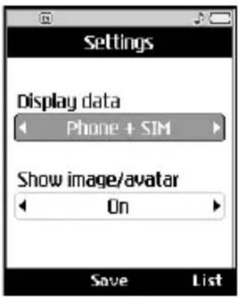 Settings Display data Phone + SIM Show image/avatar On Save List